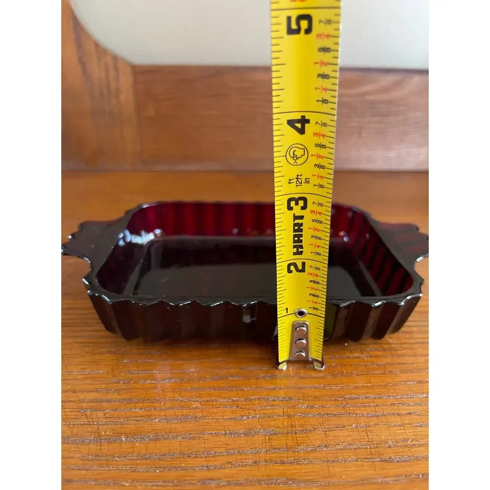 Vintage Anchor Hocking Ruby Red Diamond Cut Glass Vanity / Desk Trinket Tray